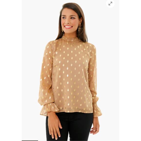 POMANDER PLACE Tan Gold Celeste Blouse Mock Neck Sheer Shimmer Blouse Size Small - Picture 1 of 9